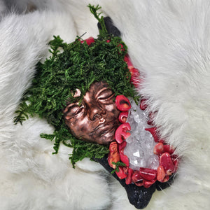 Ritual guardian artwork featuring clear quartz cluster and preserved moss