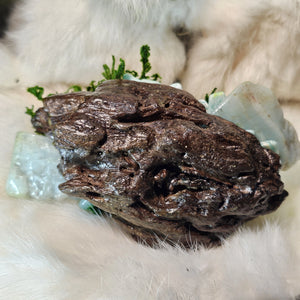 One of a kind moss guardian resting on driftwood with crystal details- rear view