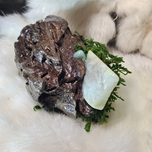 Spiritual guardian sculpture featuring amazonite and clear quartz- rear view