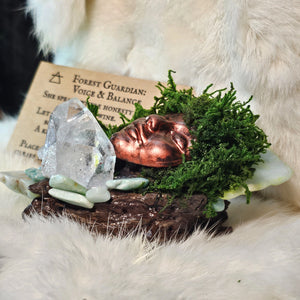 Forest Guardian sculpture with amazonite and quartz cluster on driftwood