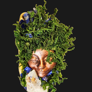 Forest Guardian altar art with preserved moss, Lapis Lazuli, and Clear Quartz on driftwood — handcrafted witchcrafted decor by Moss & Raven.