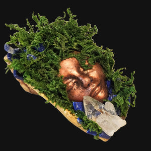 Forest Guardian by Moss & Raven resting on driftwood, adorned with preserved moss, Lapis Lazuli stones, and a Clear Quartz point — earthy, witchcrafted altar art piece.