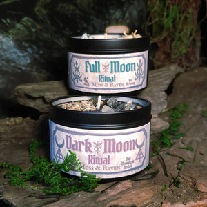 As Above So Below Lunar Ritual Candle Pair – Full Moon and Dark Moon candles by Moss & Raven, shown together in black tins on altar setting