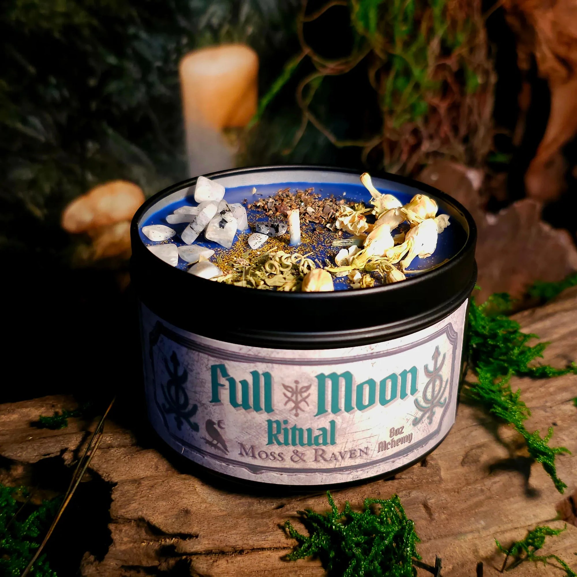 Full Moon Ritual Candle with moonstone, jasmine, bladderwrack, and passionflower – lunar altar tool by Moss & Raven