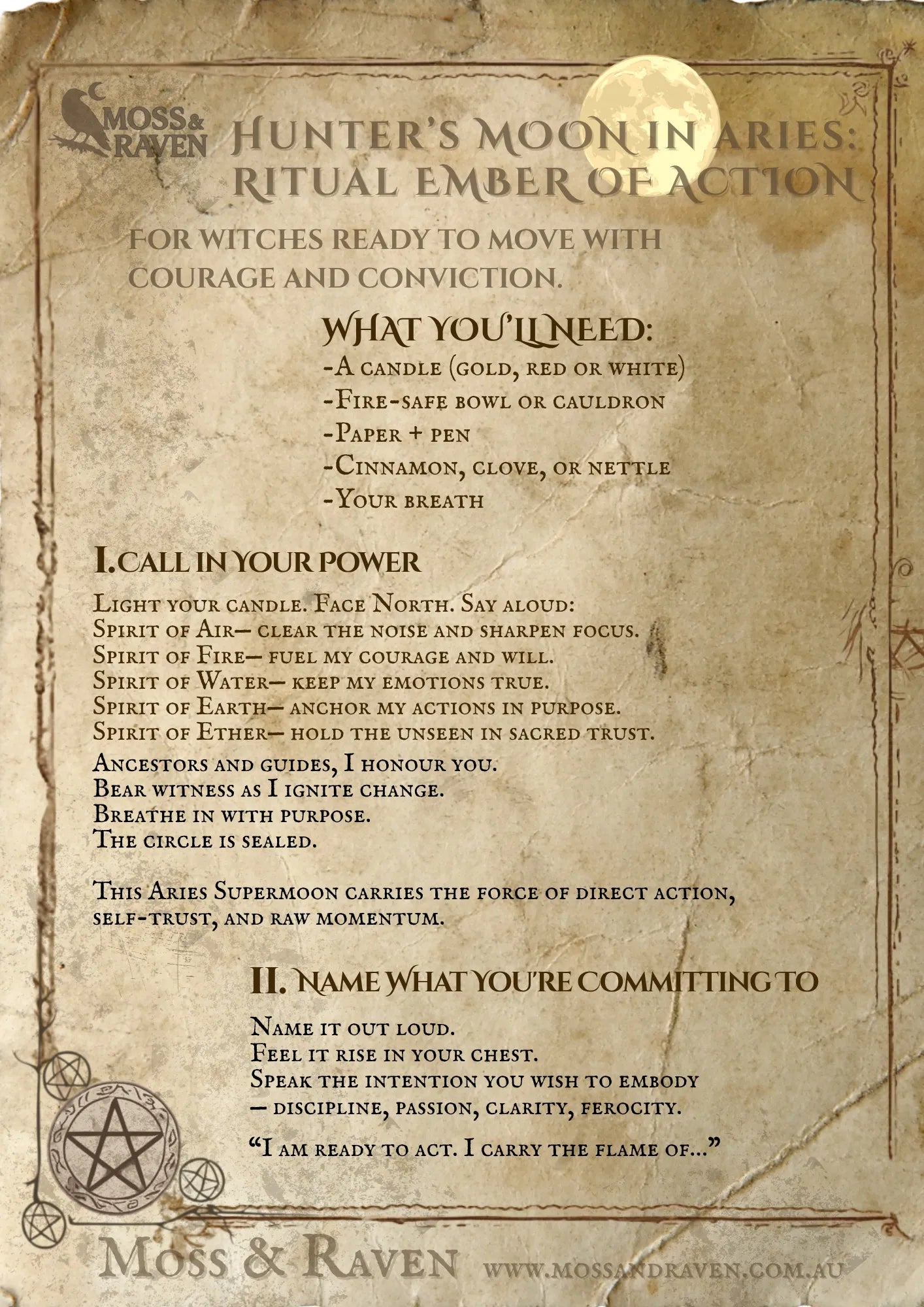 Printable Full Moon ritual sheet for the October 2025 Hunter’s Moon in Aries, titled Ember of Action. Includes moon phase timing, altar setup, candle ritual, and invocation script. Designed for Southern Hemisphere witches.
