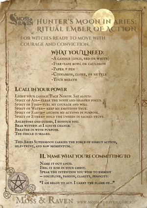 Printable Full Moon ritual sheet for the October 2025 Hunter’s Moon in Aries, titled Ember of Action. Includes moon phase timing, altar setup, candle ritual, and invocation script. Designed for Southern Hemisphere witches.