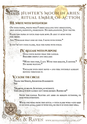Moss & Raven Aries Full Moon ritual sheet white background – Ember of Action. Southern Hemisphere witchcraft ritual with altar instructions, candle spell, and fire-aligned invocation for October 2025 Supermoon.