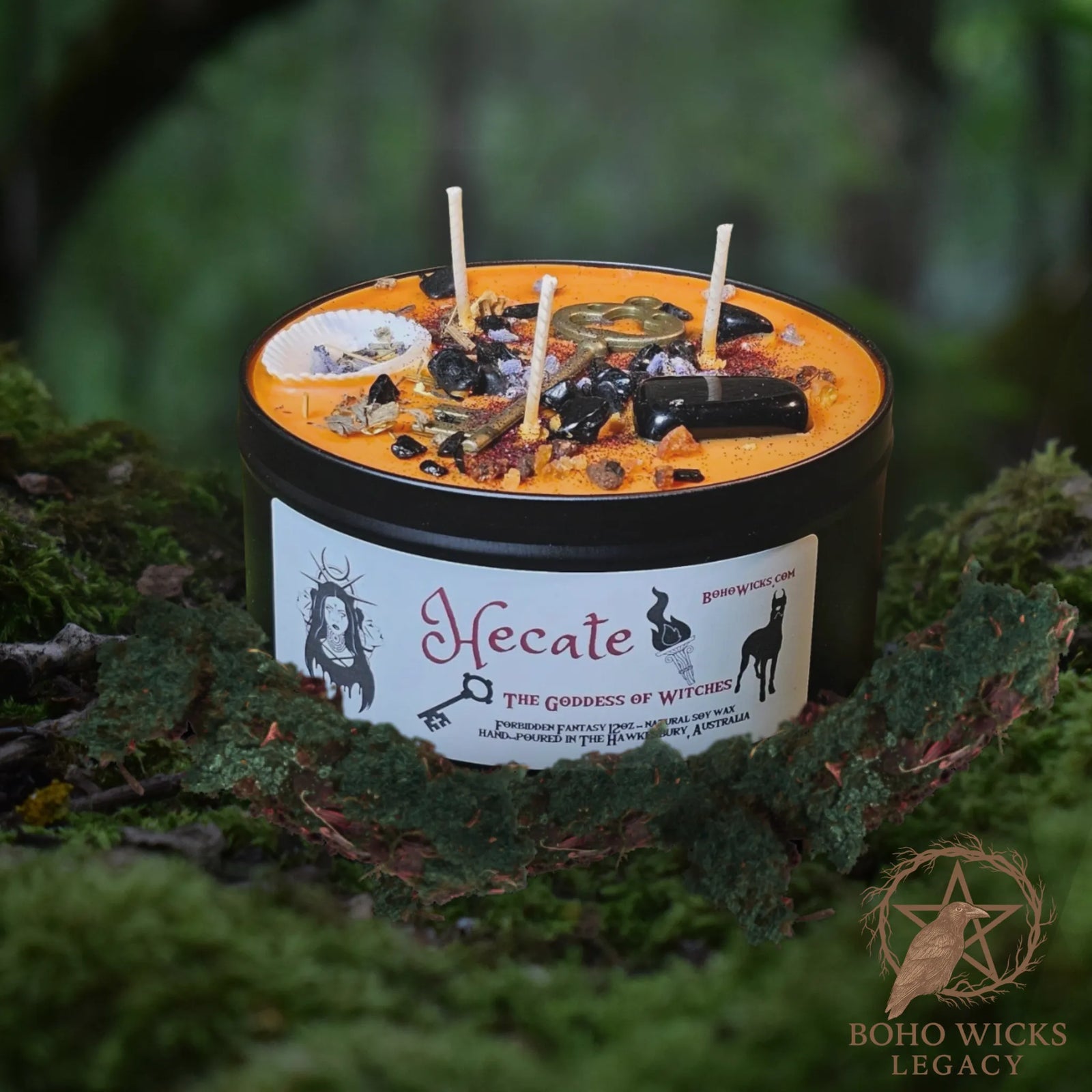 Boho Wicks Hecate candle with obsidian, mugwort, and protective energy, 12oz tin, hand-poured in Australia
