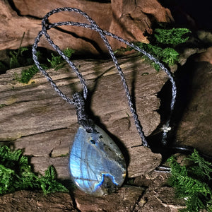 Labradorite teardrop pendant with woven adjustable cord