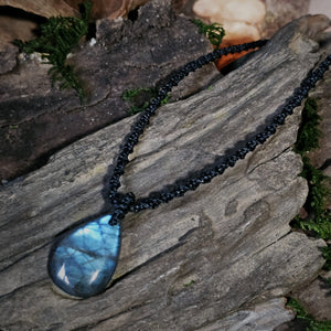 Blue Labradorite talisman with thicker black woven cord