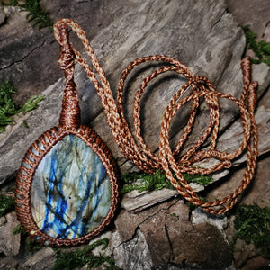Large Labradorite talisman pendant with copper-brown woven cord and vivid blue flash