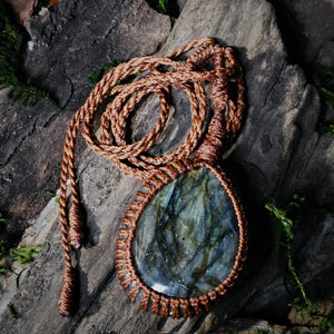 Ritual talisman necklace with large Labradorite stone and earthy cord wrapping