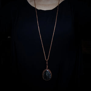 Handcrafted Labradorite talisman necklace shown at longest wearable cord length