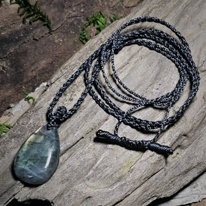 Green flash Labradorite crystal pendant with fine woven cord
