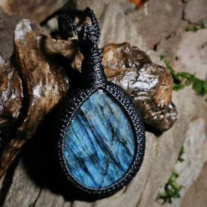 One of a kind Labradorite pendant with black adjustable woven cord