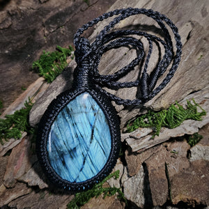 Labradorite talisman with woven cord and natural iridescent flash