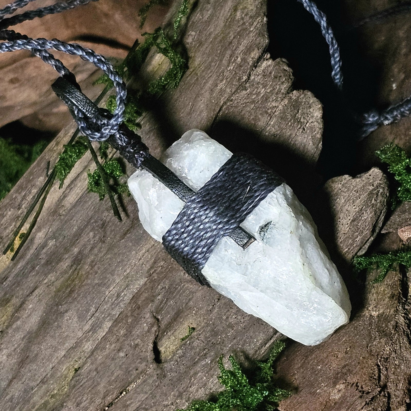 Close-up of handcrafted moonstone crystal necklace