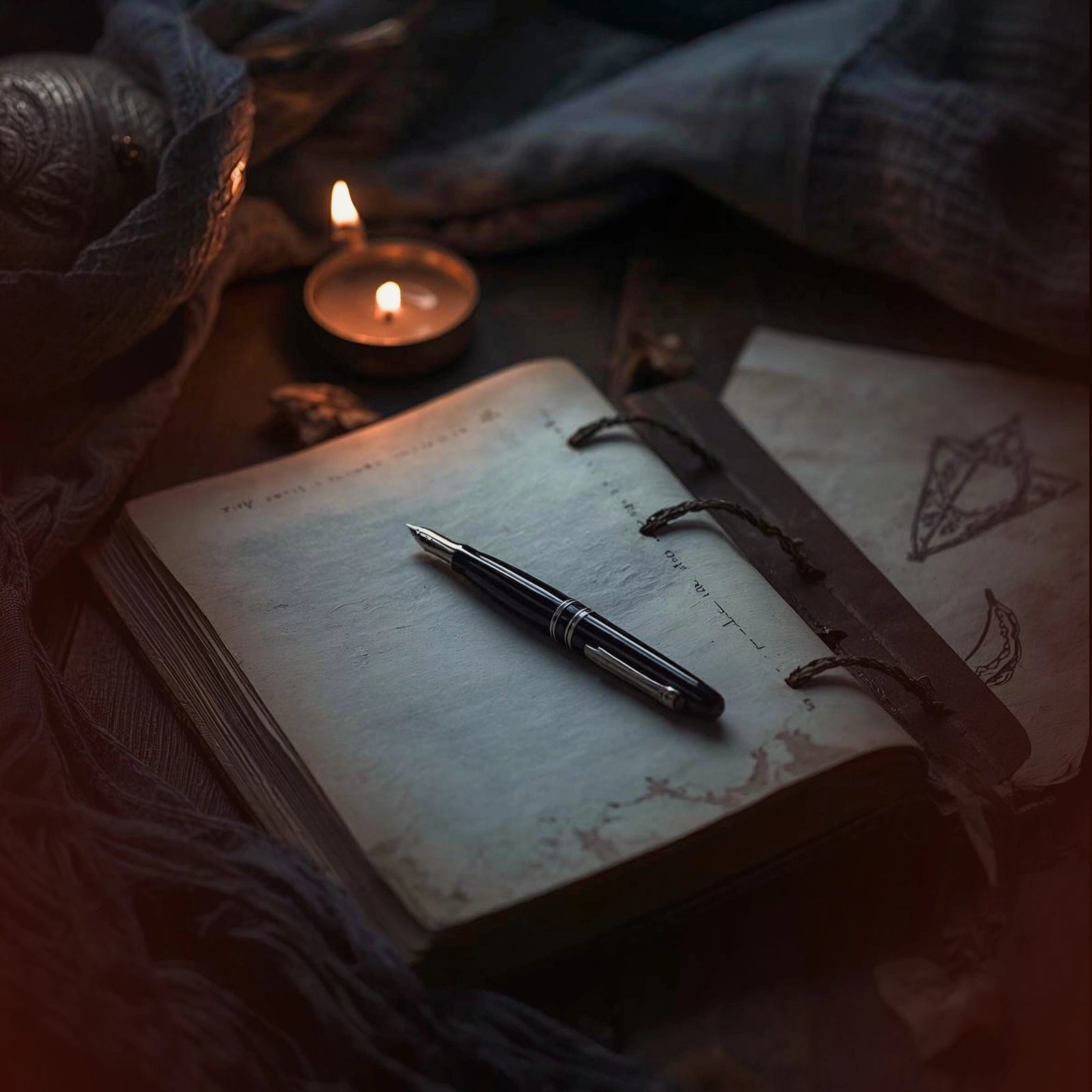 Open journal with a pen resting across the pages beside a lit candle and hand-drawn sigil, set on a dark cloth surface in low light.
