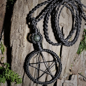 Handwoven pentacle ritual pendant crafted in black Linhasita cord