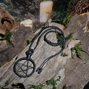 Adjustable ritual necklace featuring woven pentacle symbol and moss agate bead