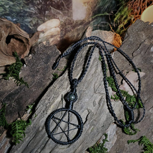 Ritual pentacle necklace with adjustable black cord and moss agate bead