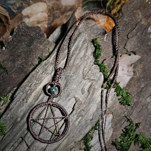 Handwoven pentacle ritual pendant crafted in brown Linhasita cord