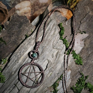 Moss agate pentacle talisman necklace in earthy brown cord for grounding and protection
