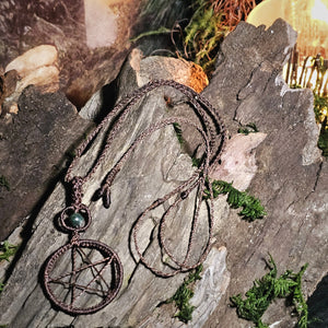 Ritual pentacle necklace with adjustable brown cord and moss agate detail