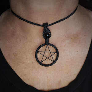 Black pentacle ritual talisman necklace with black obsidian bead worn at shortest choker length #1