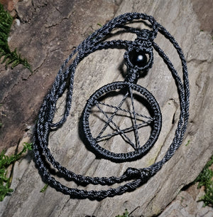 Ritual pentacle necklace featuring polished black obsidian bead #1