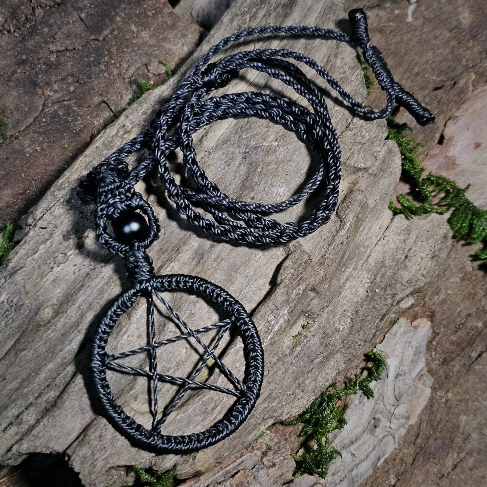 Pentacle ritual talisman necklace with black obsidian bead on black cord #1