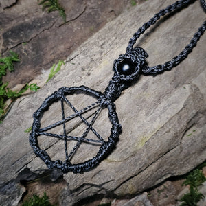 Handwoven pentacle necklace crafted with black Linhasita cord and obsidian #2