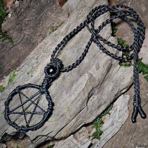 Adjustable black cord pentacle necklace with black obsidian detail #2