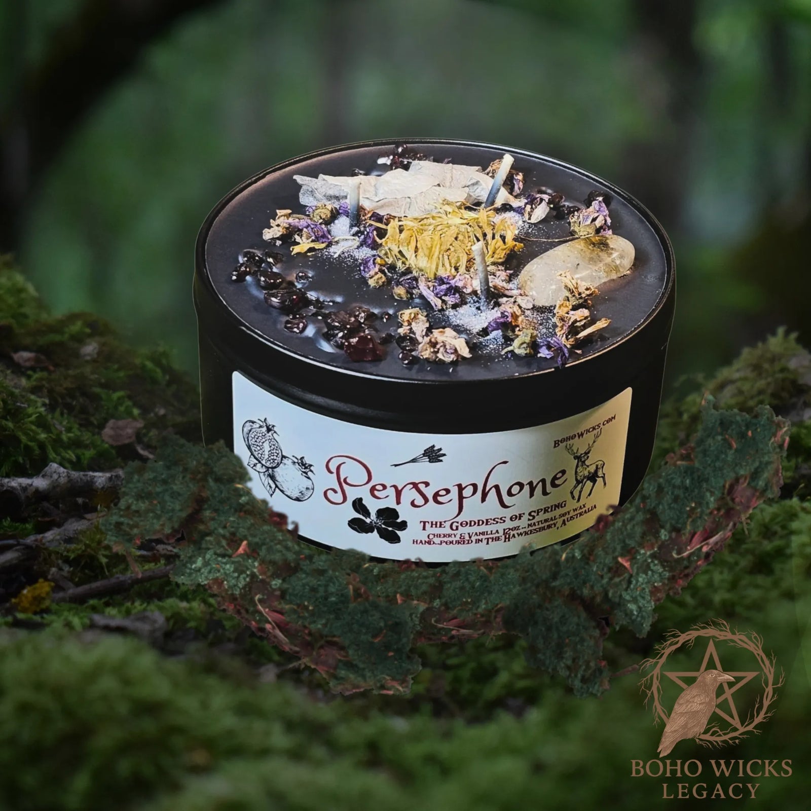 Moss &amp; Raven Persephone candle with garnet, black tourmaline, and black wax, 12oz tin, hand-poured in Australia