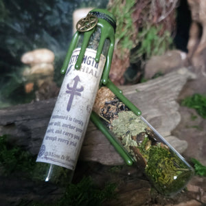 Herbs and crystals inside Strength Spell Jar