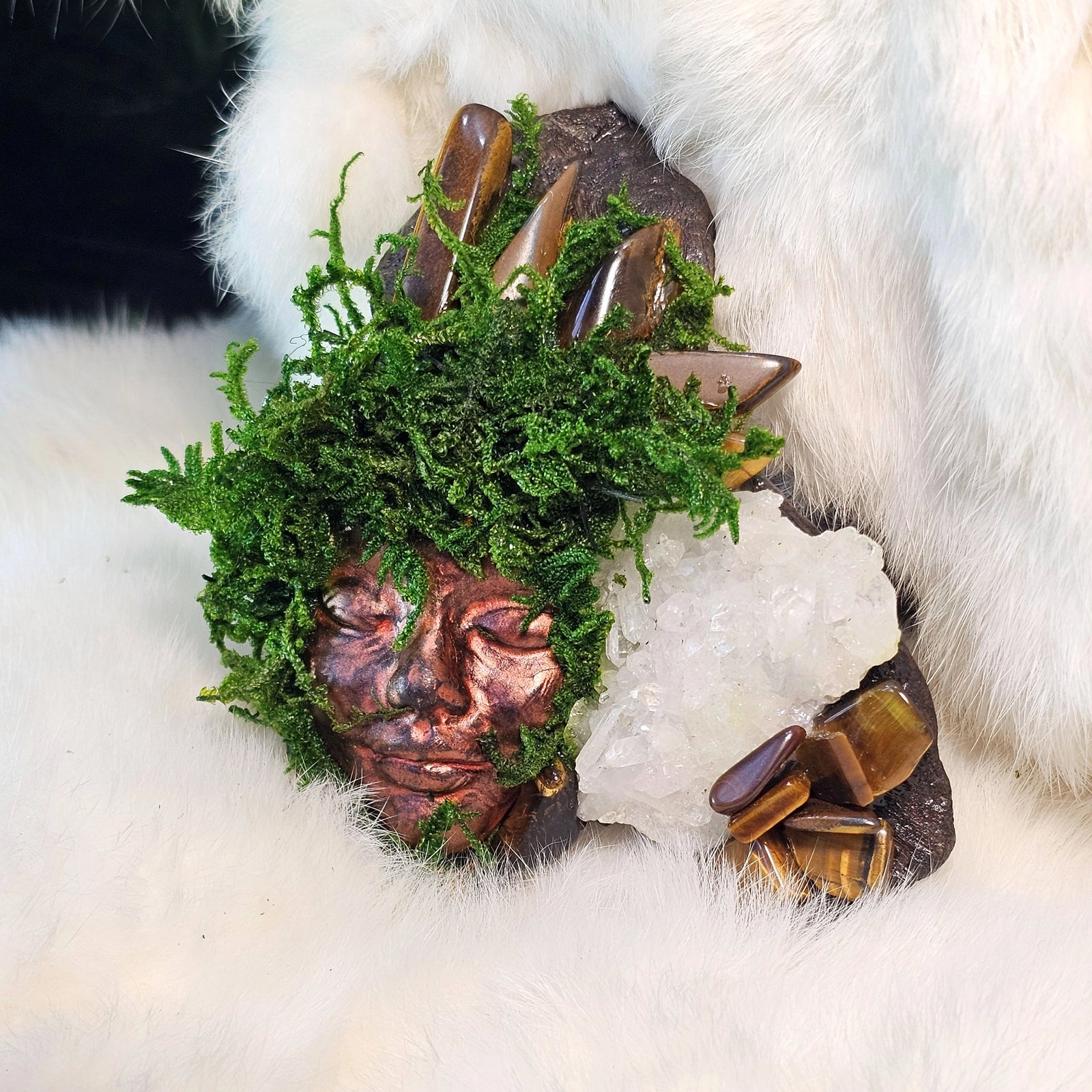 Forest Guardian sculpture with tiger eye, quartz cluster, and preserved moss