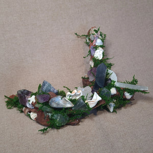 Top view of Crystal Forest showing full altar composition with shells and moss.

