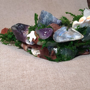 Moss-covered driftwood altar with Fluorite and Amethyst stones for cleansing and renewal.