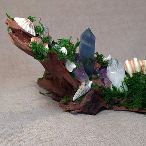 Clear Quartz amplifying light beside deep blue Fluorite and soft green moss.