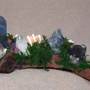 Moss-covered driftwood altar with Fluorite and Amethyst stones for cleansing and renewal.