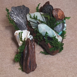 Handcrafted driftwood altar featuring Shungite, Kyanite, and seashell details.