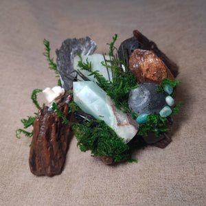 Close-up of Amazonite and Kyanite crystals among natural textures.