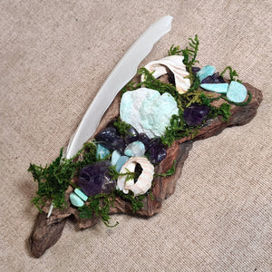Amazonite and Amethyst crystals surrounded by moss and seashells on aged wood.