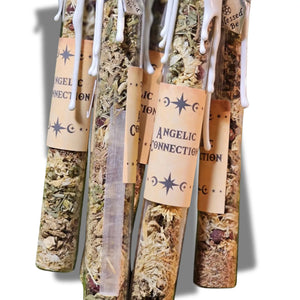 "Angelic Connection spell jar by Moss & Raven, handcrafted with herbs and crystals to invite clarity, protection, and spiritual alignment with higher realms."