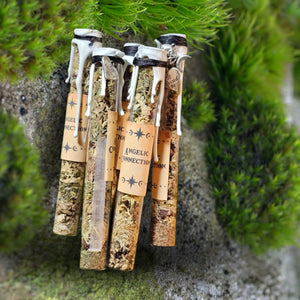 "Angelic Connection spell jar by Moss & Raven placed on moss and stone, crafted with herbs and crystals to support divine connection, lightwork, and angelic guidance."