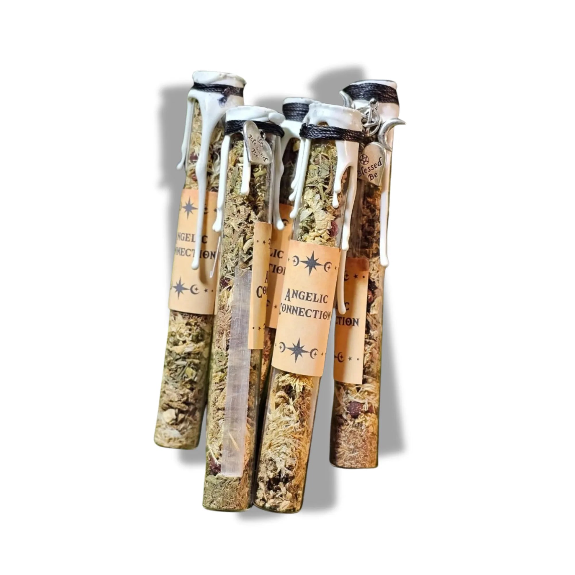 "Angelic Connection spell jar by Moss & Raven, handcrafted with herbs and crystals to invite clarity, protection, and spiritual alignment with higher realms."