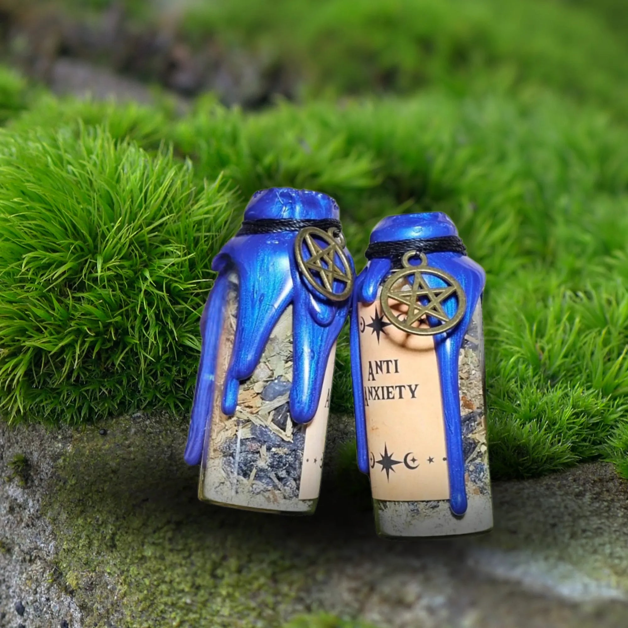 "Anti Anxiety spell jar by Moss & Raven resting on moss and stone, crafted with calming herbs and crystals to soothe the nervous system and ease anxious energy."