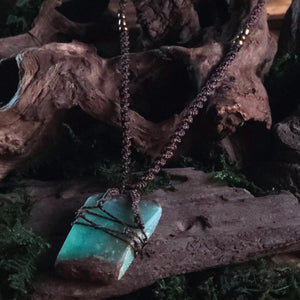 Chrysoprase talisman pendant with chocolate macramé cord and bronze beads – Moss & Raven ritual jewellery