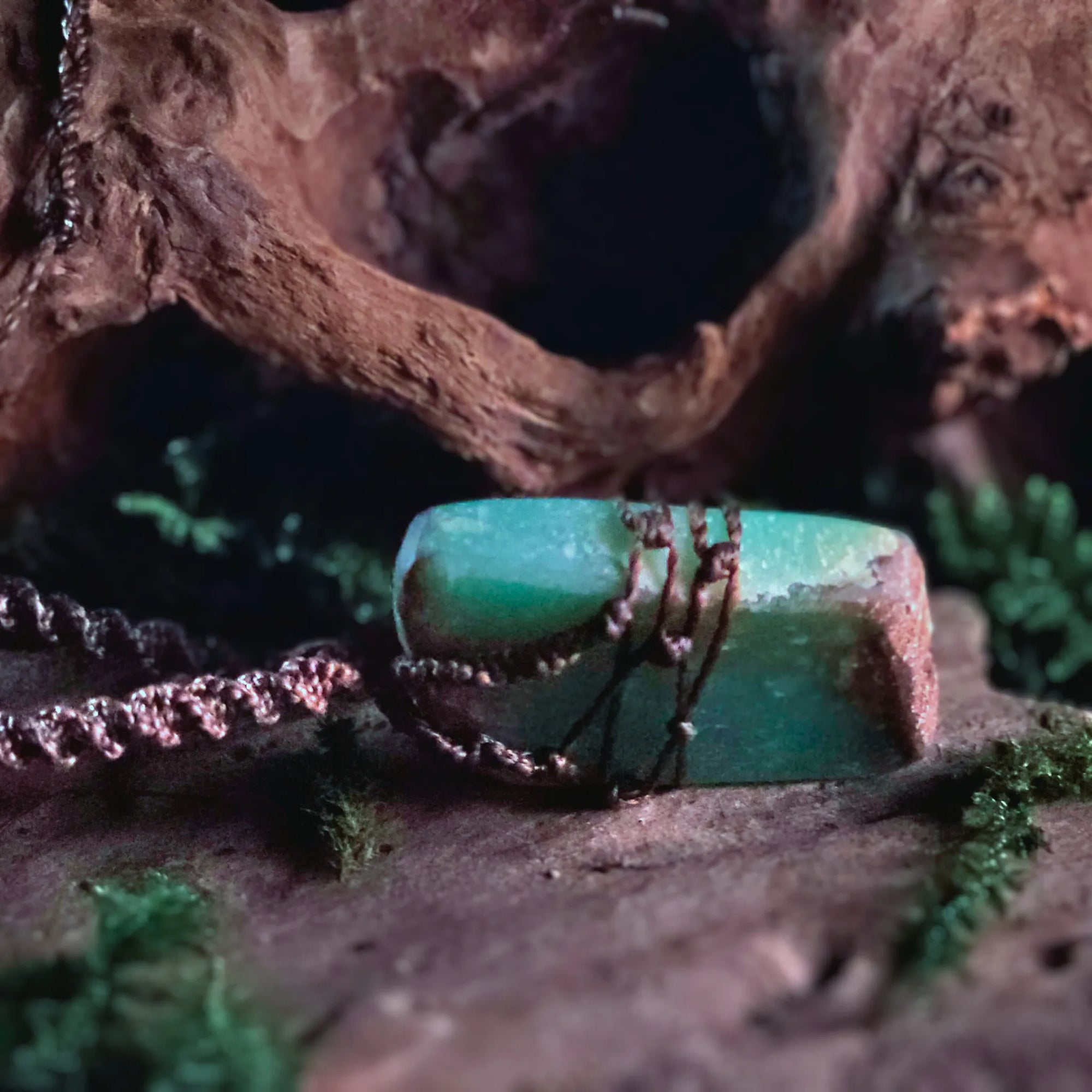 Angled side view showing sliding knot and bronze detailing – chrysoprase necklace by Moss & Raven