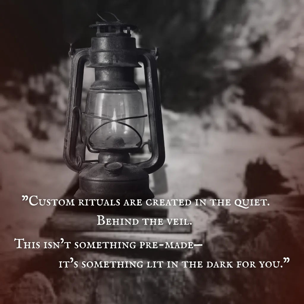 Vintage lantern lit on a dark altar-like surface with blurred shadows in the background, creating a moody and cinematic ritual atmosphere.
